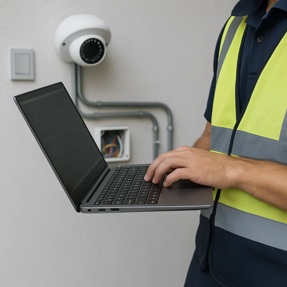 Technicien configurant une installation de sécurité