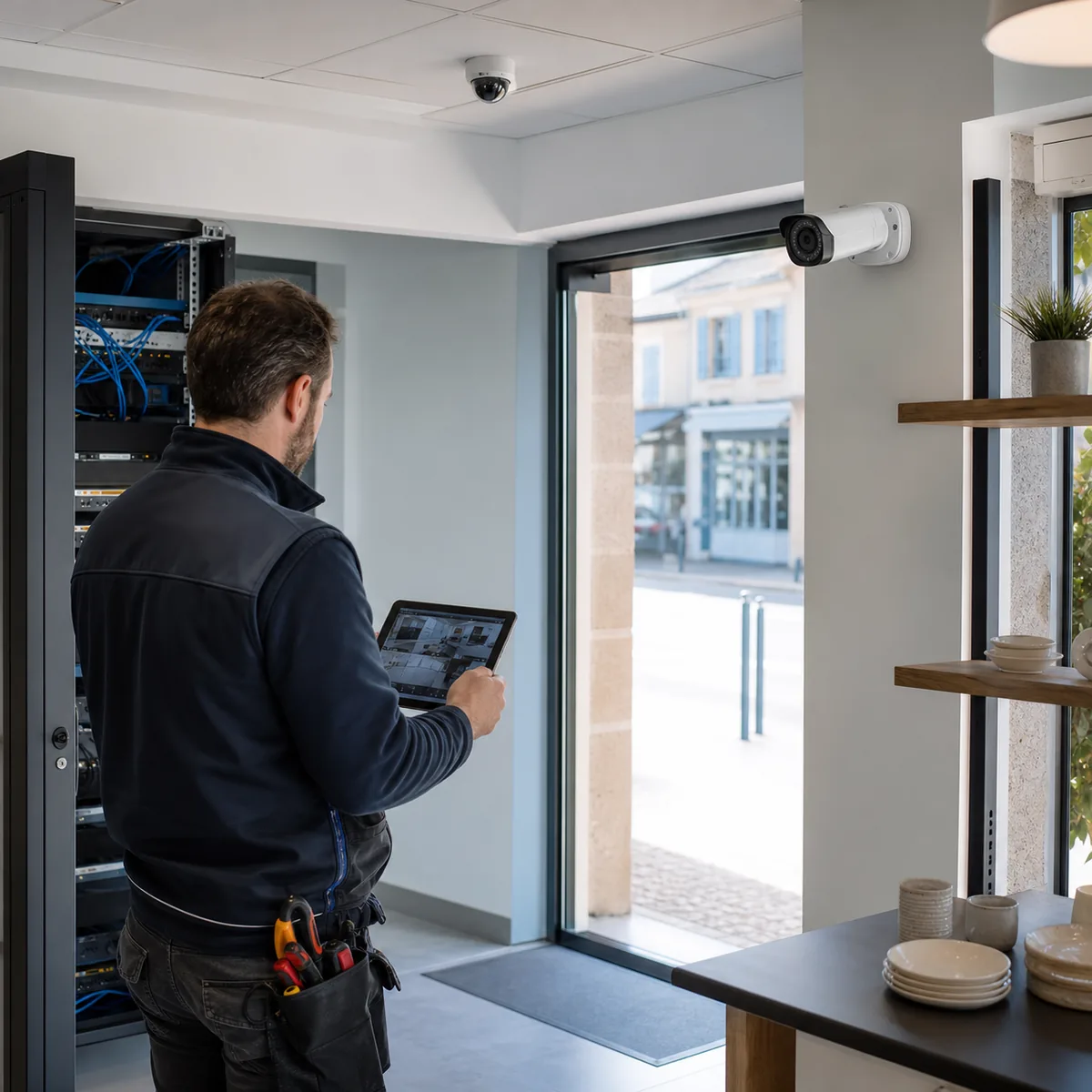Technicien configurant des caméras de vidéosurveillance
