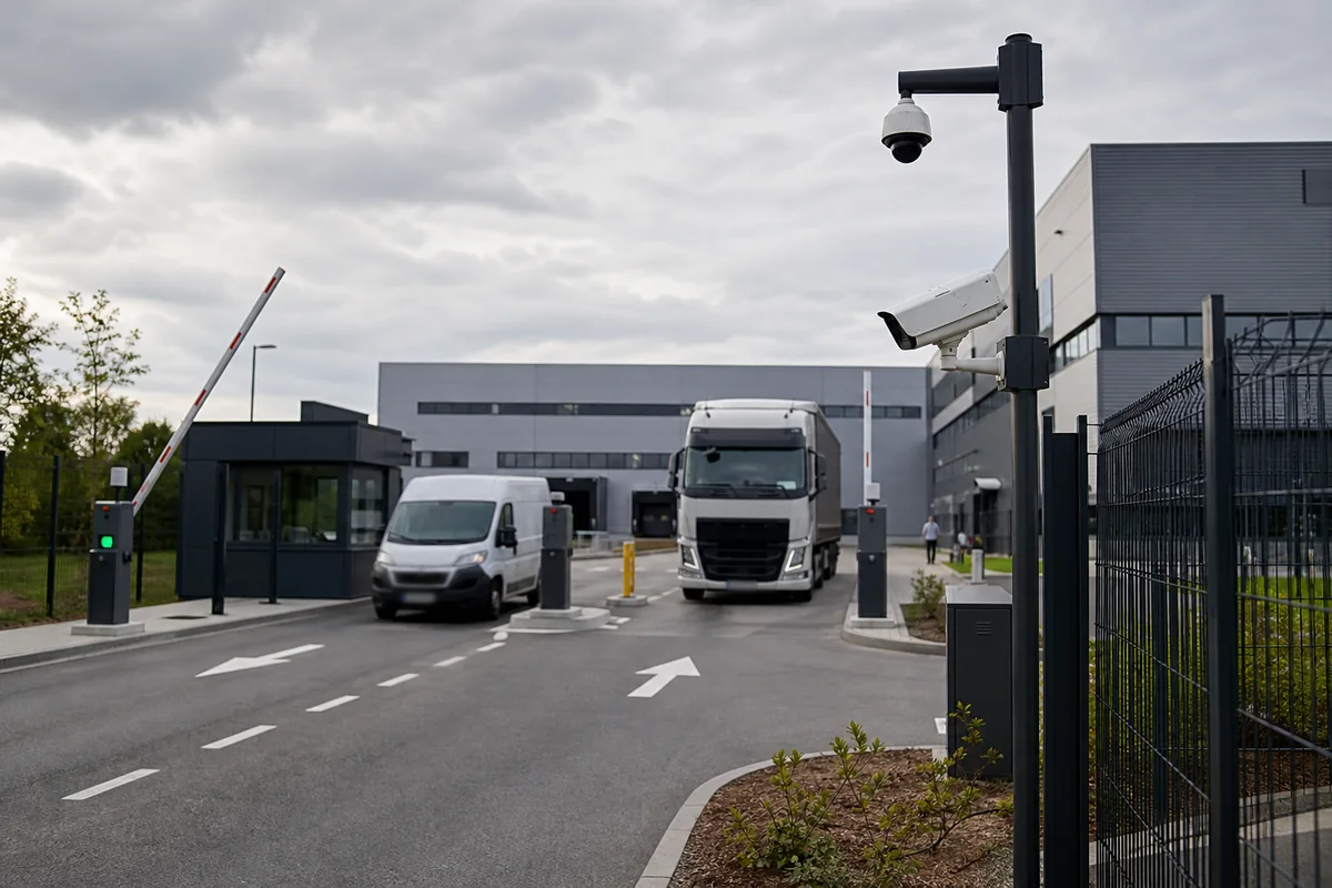 Entrée d’un site logistique équipée d’une caméra LAPI et d’une caméra de contexte