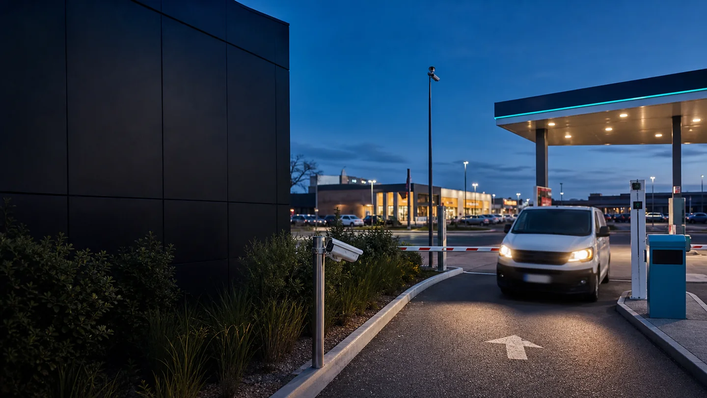 Accès de station-service et zone commerciale équipé d’une caméra de lecture de plaques