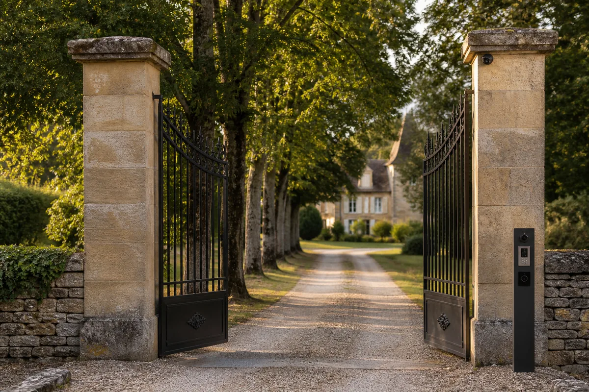 Portail d’un domaine périgourdin équipé d’un contrôle d’accès discret