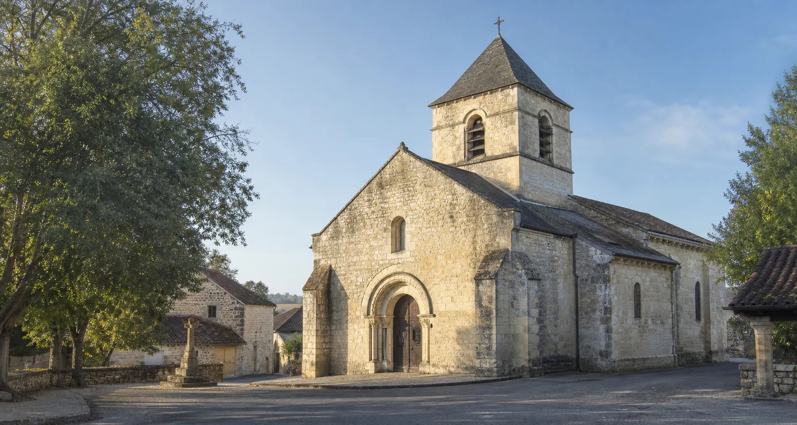 Église romane française en pierre dans un village de Dordogne