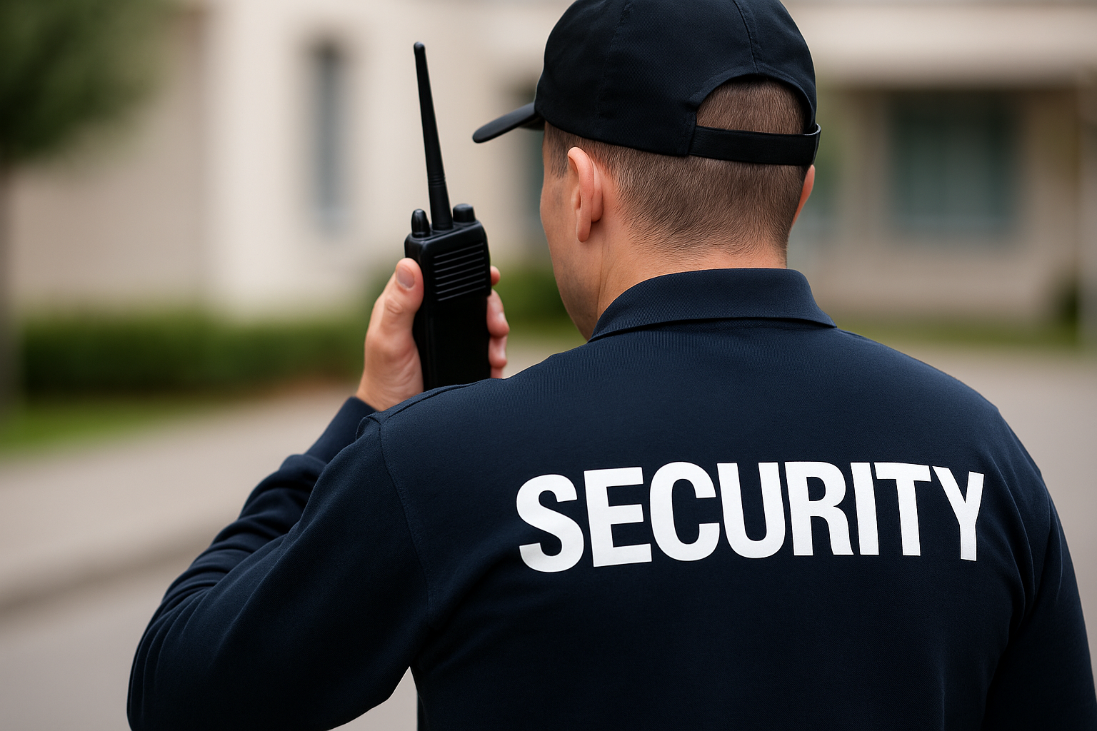 Agent de sécurité CoproSécurit équipé d’un talkie-walkie, en surveillance extérieure