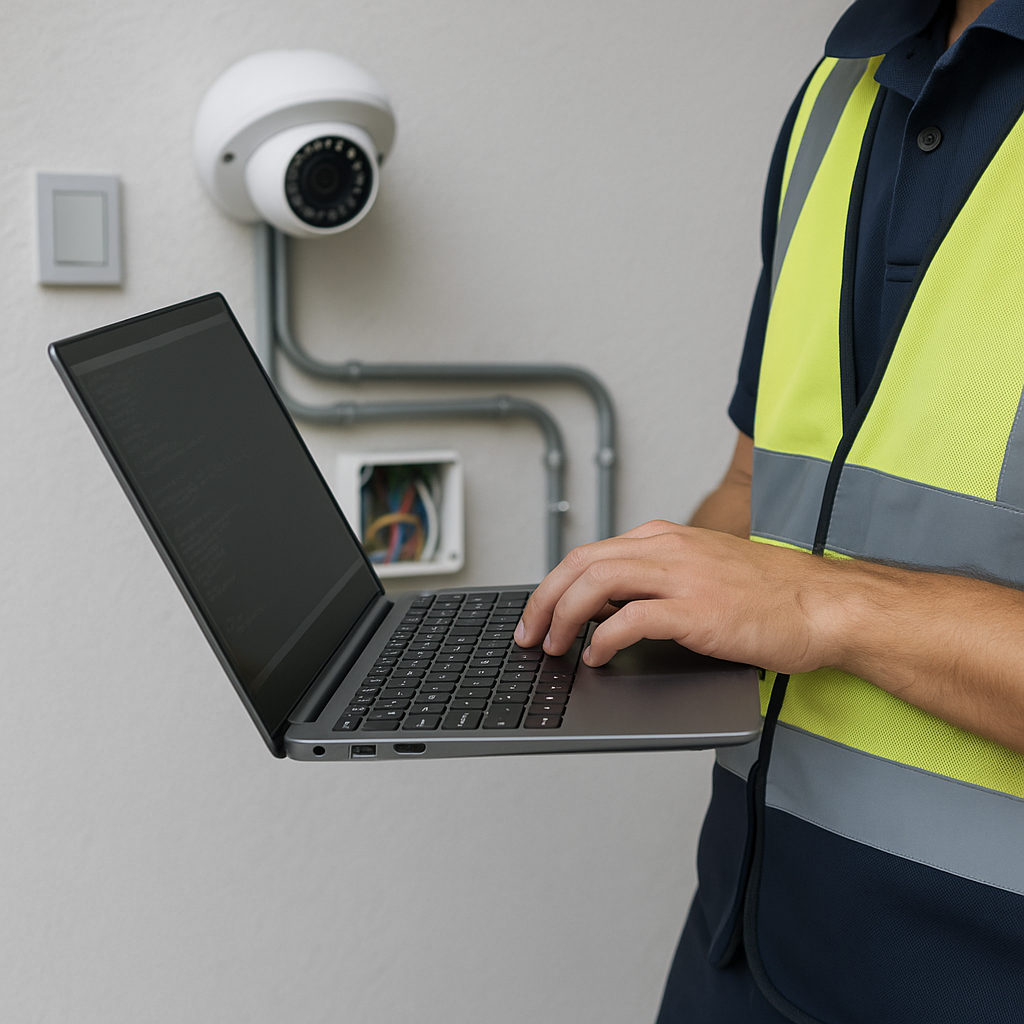 Technicien CoproSécurit configurant une caméra de surveillance depuis un ordinateur portable