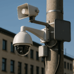 Caméra de vidéoprotection installée sur un mât dans un espace public communal, illustrant la sécurisation des villes par CoproSécurit en Dordogne.