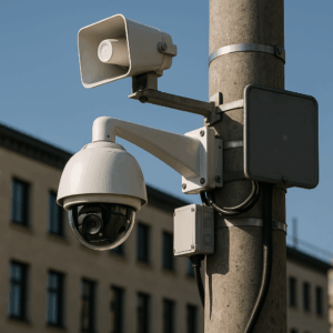 Caméra de vidéoprotection installée sur un mât dans un espace public communal, illustrant la sécurisation des villes par CoproSécurit en Dordogne.