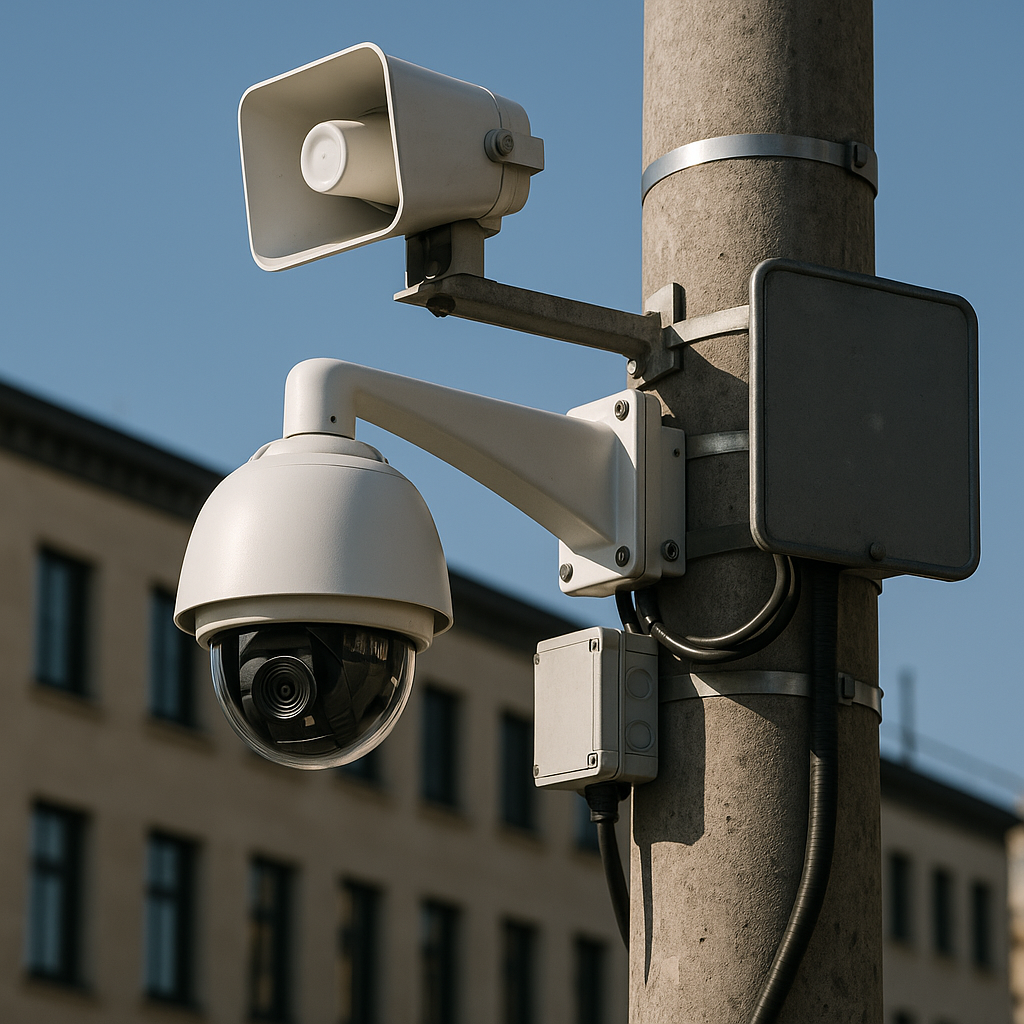 Caméra de vidéoprotection installée sur un mât dans un espace public communal, illustrant la sécurisation des villes par CoproSécurit en Dordogne.