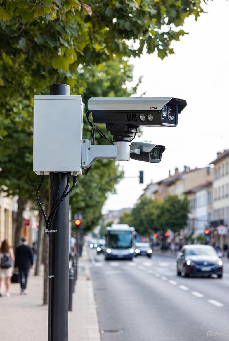 Caméra de vidéoverbalisation Dahua PTZ 4K installée dans une rue de Dordogne en 2025, surveillant le trafic et les stationnements avec véhicules et passants