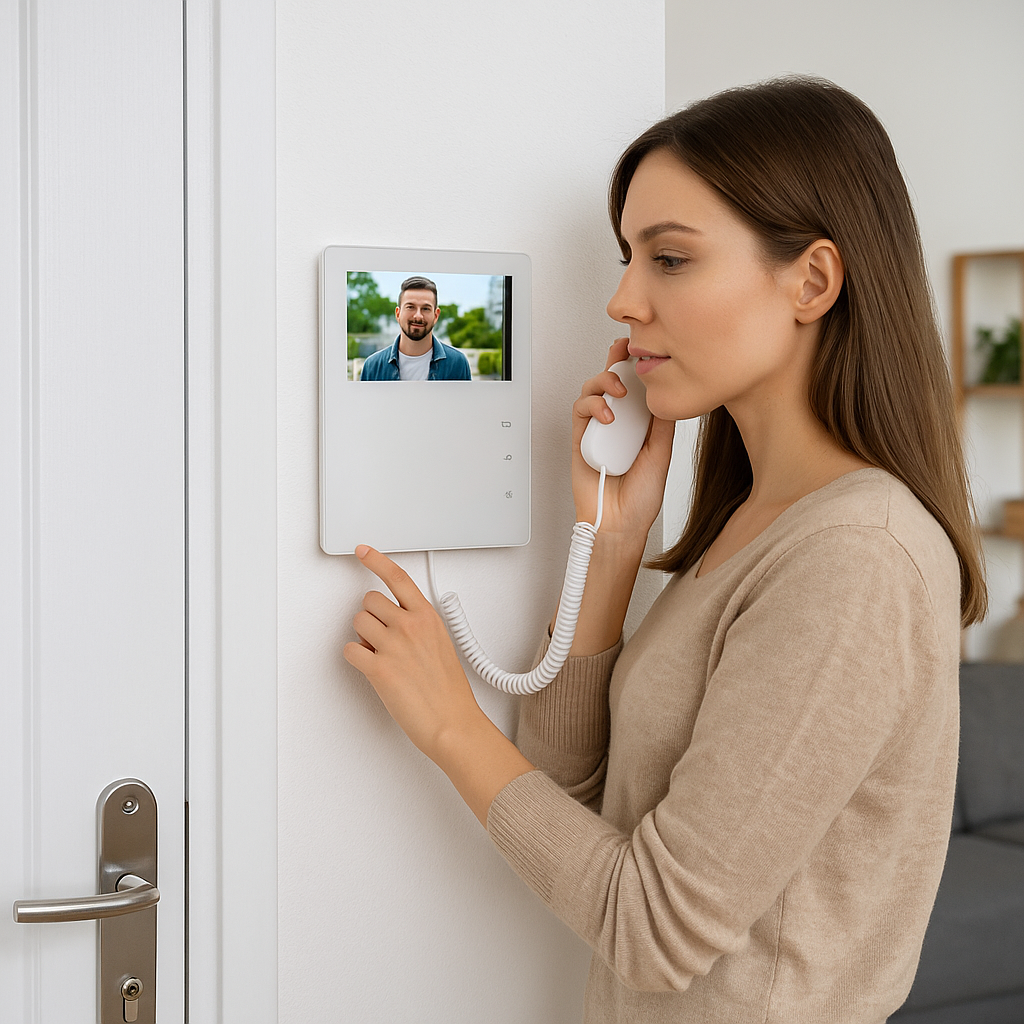 Femme répondant à un interphone vidéo domestique – CoproSécurit, spécialiste du contrôle d’accès et interphonie