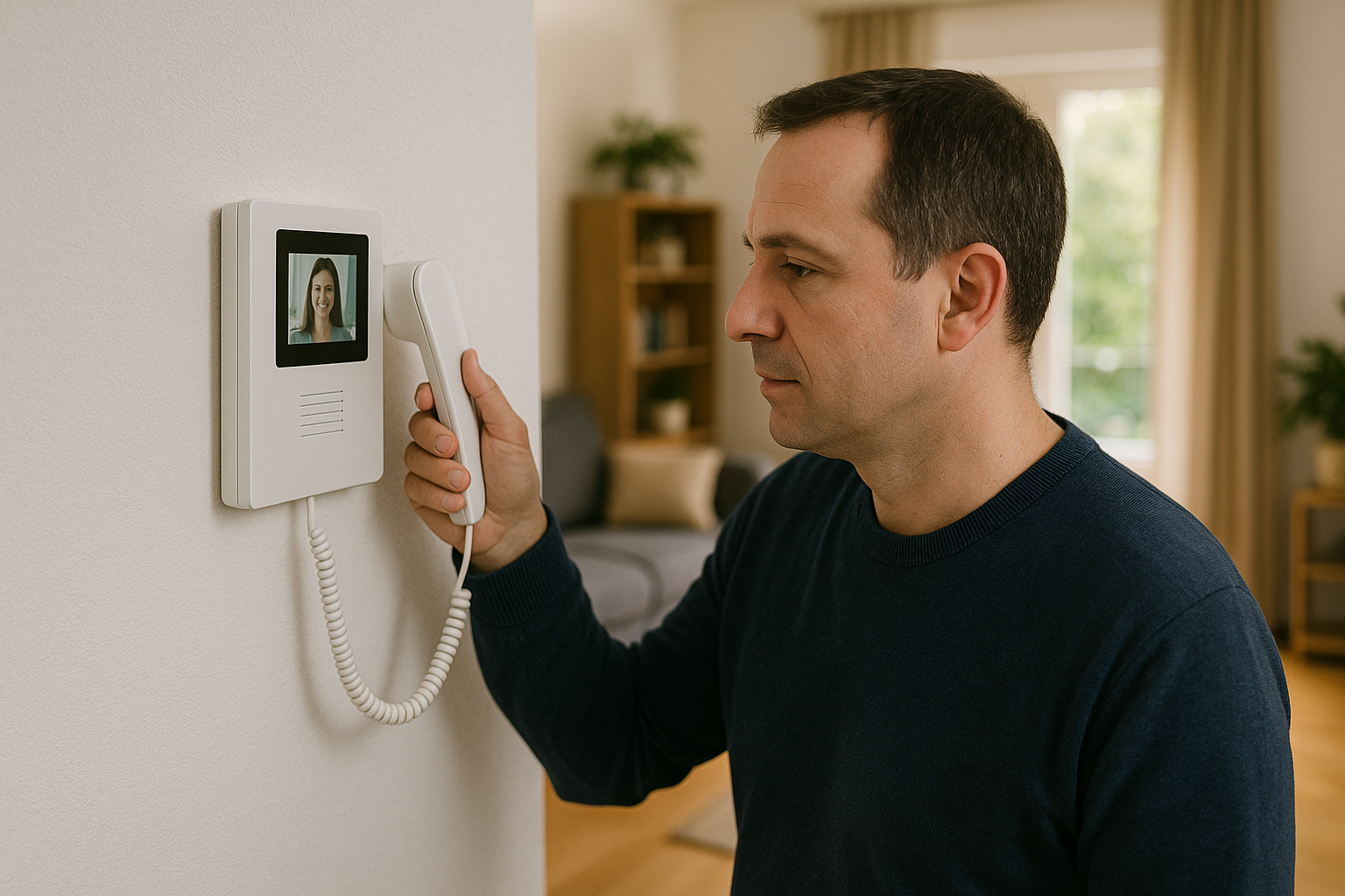 Un habitant répond à son interphone vidéo mural depuis son salon, système de contrôle d’accès installé par CoproSécurit.
