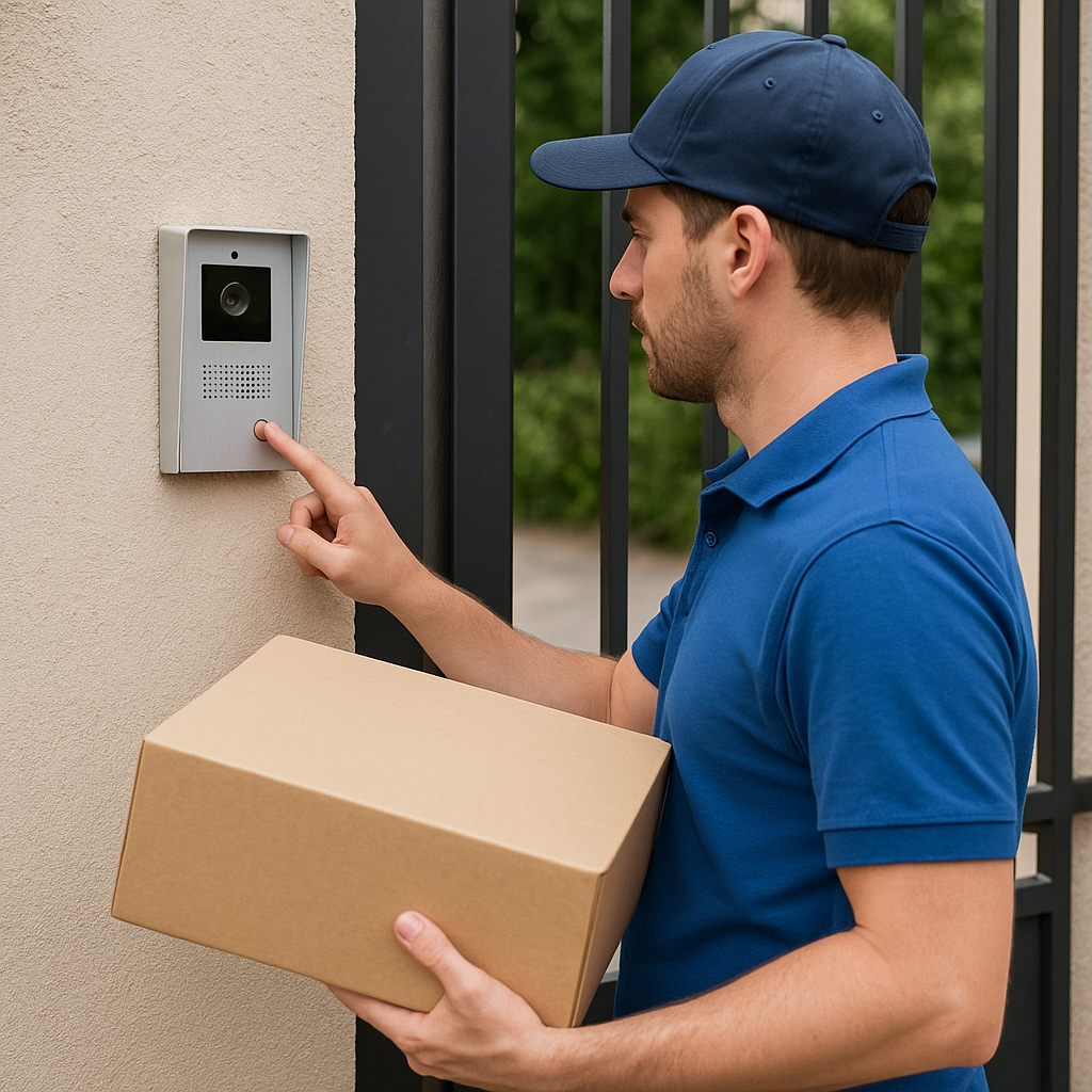 Livreur sonnant à un interphone vidéo devant un portail – CoproSécurit, solutions de contrôle d’accès et interphonie