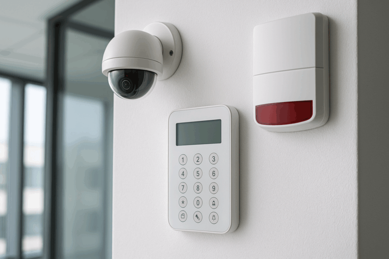 Système d’alarme professionnel installé dans un bâtiment d’entreprise, comprenant une caméra, un clavier et une sirène, par CoproSécurit en Dordogne.