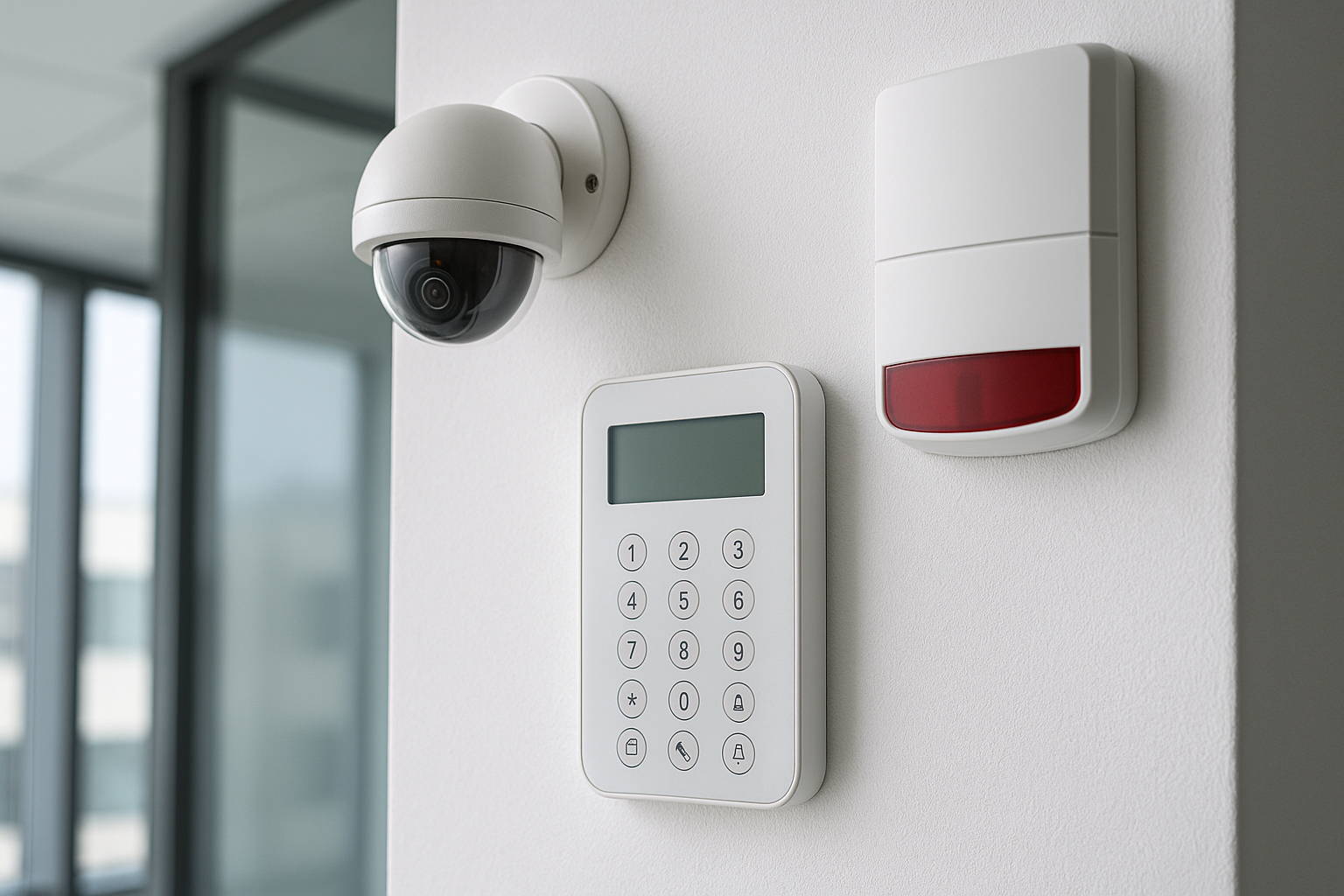 Système d’alarme professionnel installé dans un bâtiment d’entreprise, comprenant une caméra, un clavier et une sirène, par CoproSécurit en Dordogne.